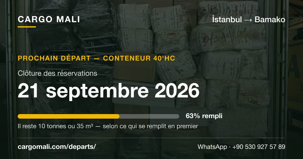 Carte du prochain départ İstanbul → Bamako : date de clôture et remplissage du conteneur