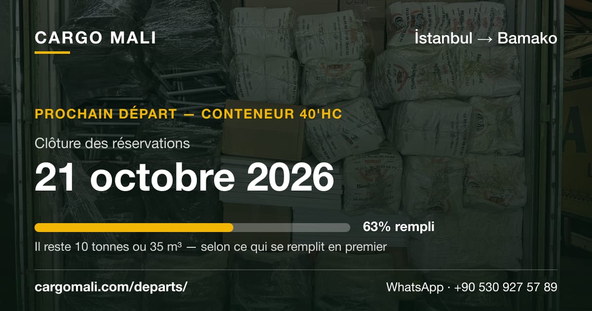 Carte du prochain départ İstanbul → Bamako : date de clôture et remplissage du conteneur